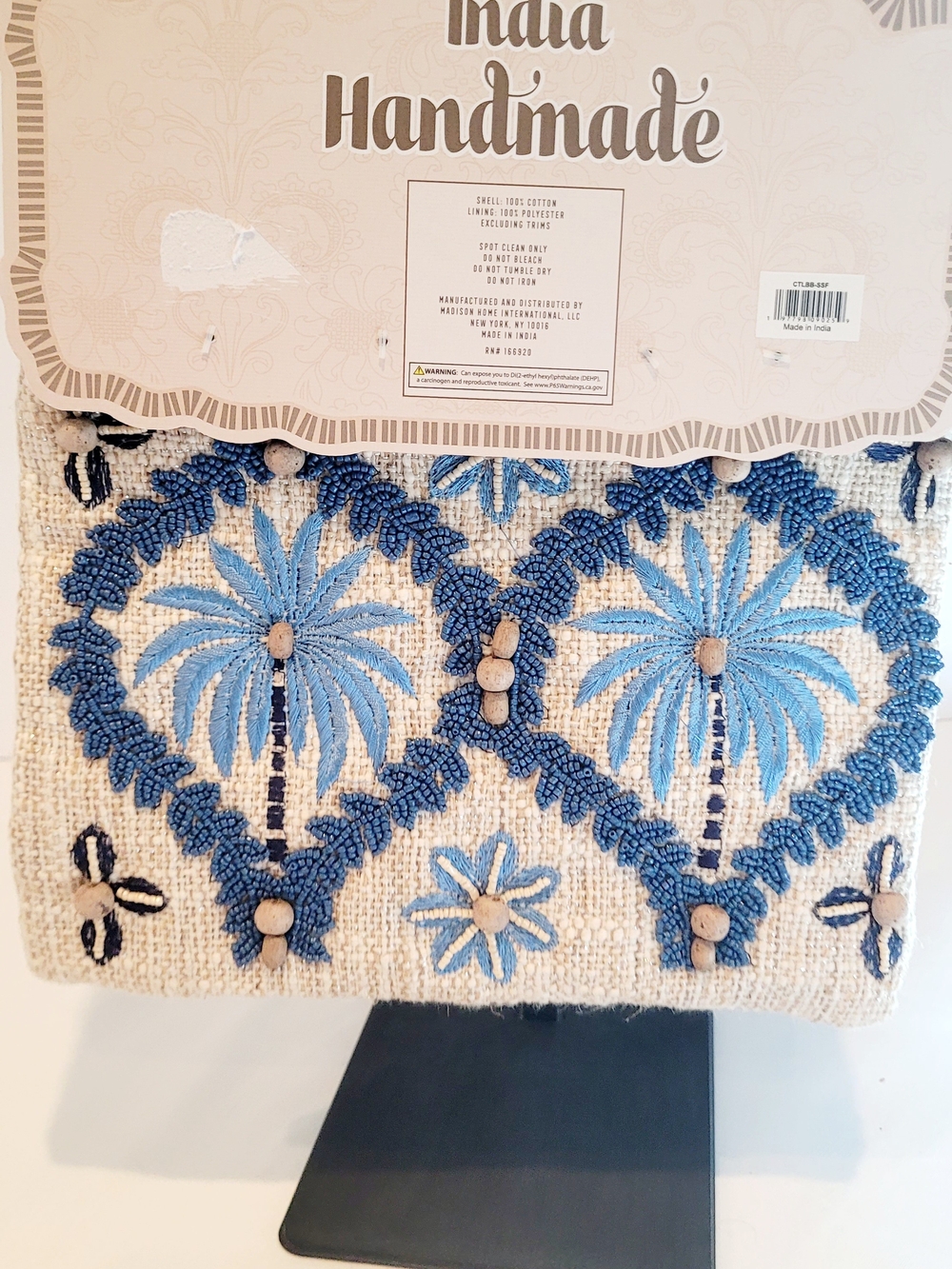 India Handmade Beaded Palm Clutch Bag in Blue and Cream - Picture 3 of 4